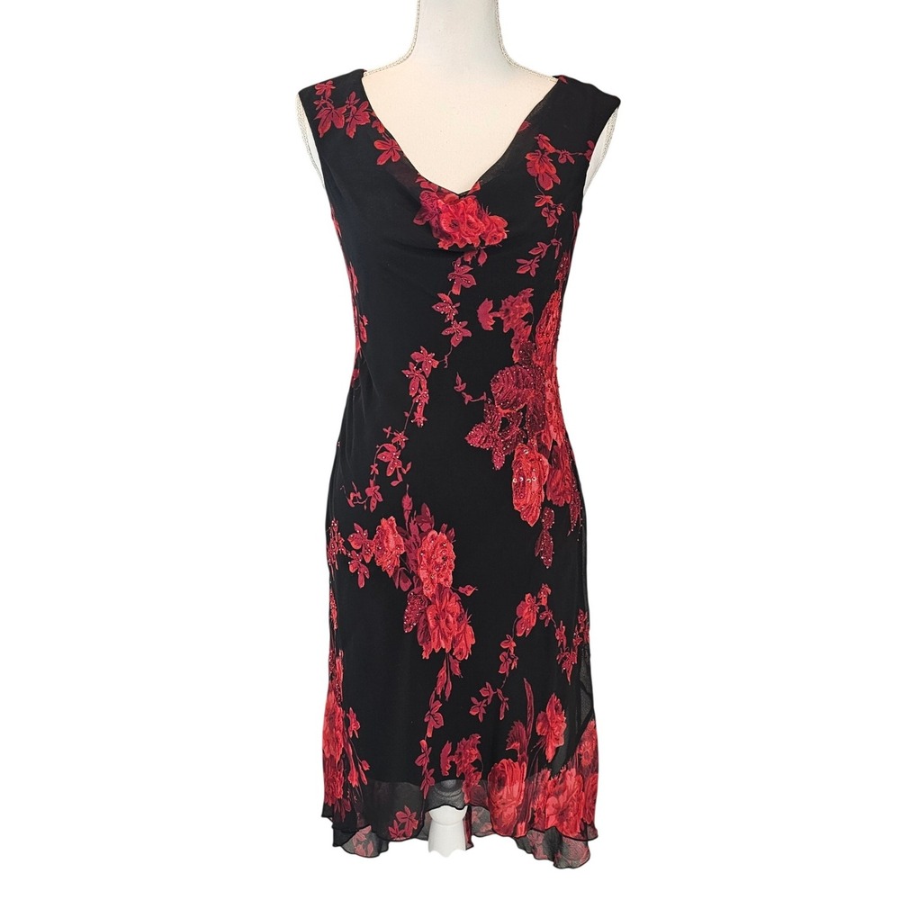 Connected Apparel Red Floral Beaded Hi Low Dress Size Small Romantic Goth Formal - Picture 2 of 12
